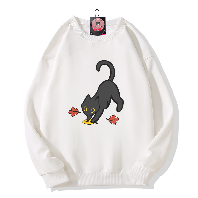 Schwarze Katze springt auf Blatt – Halloween-Grafik-Sweatshirt mit Rundhalsausschnitt - White - 5XL - image 1