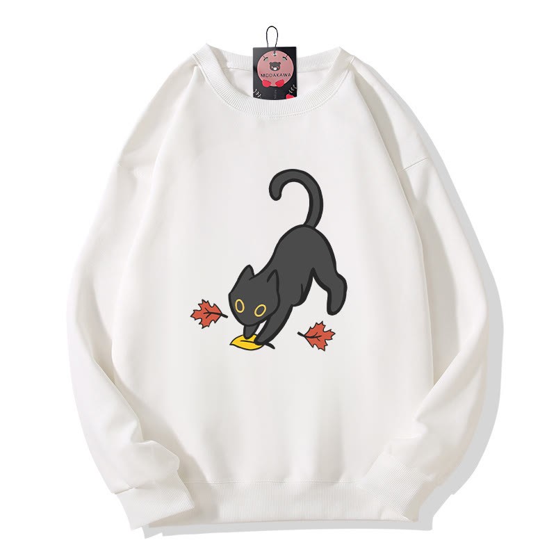 Schwarze Katze springt auf Blatt – Halloween-Grafik-Sweatshirt mit Rundhalsausschnitt - White - 5XL - image 1