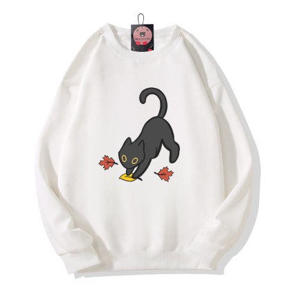 Schwarze Katze springt auf Blatt – Halloween-Grafik-Sweatshirt mit Rundhalsausschnitt - White - 5XL - image 1