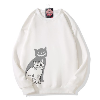 Katzen- und Kürbisgesicht-Schattenkatze Halloween-Grafik Rundhals-Sweatshirt - White - 5XL - image 2