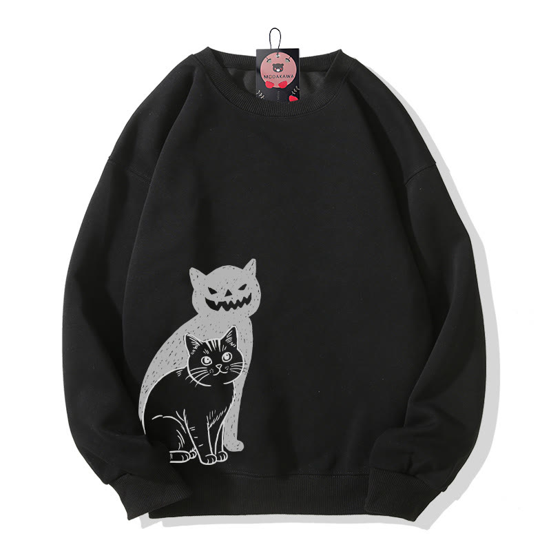 Katzen- und Kürbisgesicht-Schattenkatze Halloween-Grafik Rundhals-Sweatshirt - Black - 5XL - image 1
