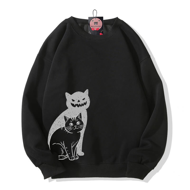 Katzen- und Kürbisgesicht-Schattenkatze Halloween-Grafik Rundhals-Sweatshirt - Black - 5XL - image 1