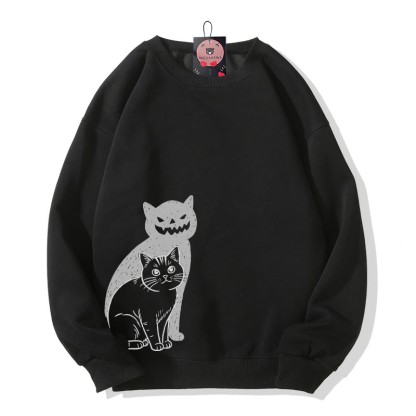 Katzen- und Kürbisgesicht-Schattenkatze Halloween-Grafik Rundhals-Sweatshirt - Black - 5XL - image 1