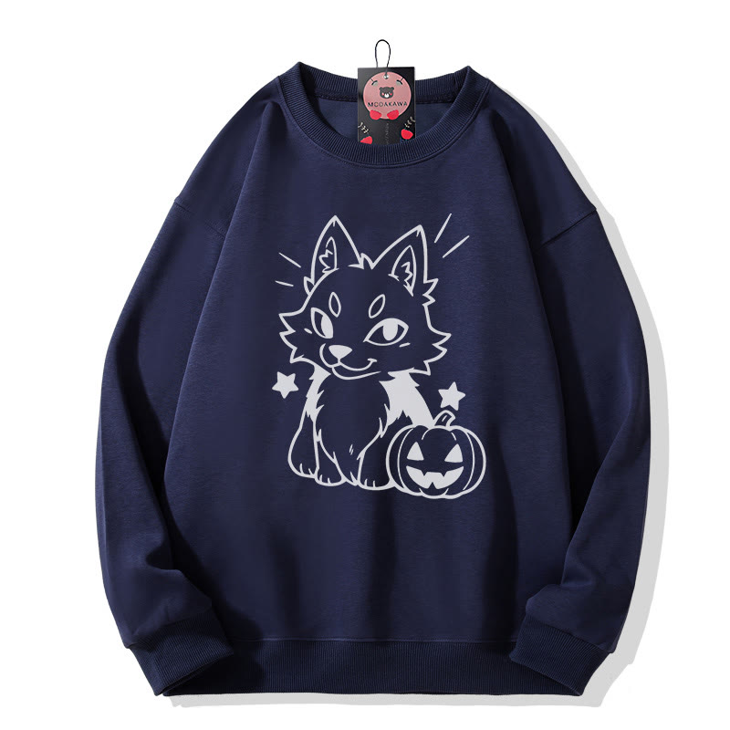 Sweatshirt mit verspieltem Fuchs-Kürbis-Halloween-Motiv und Rundhalsausschnitt - Purplish Blue - 5XL - image 2