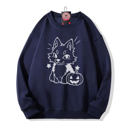 Sweatshirt mit verspieltem Fuchs-Kürbis-Halloween-Motiv und Rundhalsausschnitt - Purplish Blue - 5XL - image 2