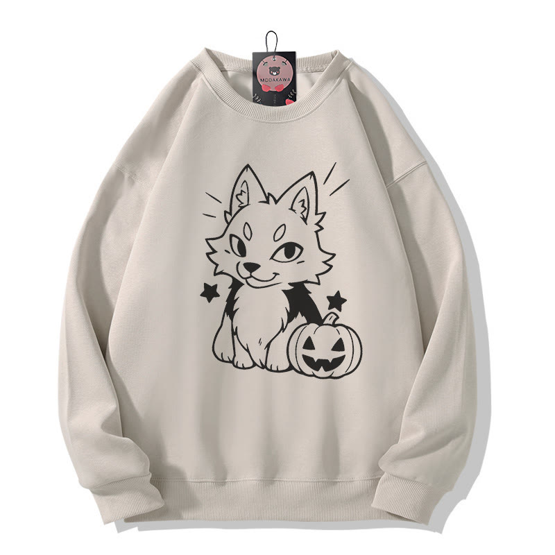 Sweatshirt mit verspieltem Fuchs-Kürbis-Halloween-Motiv und Rundhalsausschnitt - Light Beige - 5XL - image 1