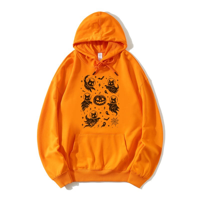 Geisterhafter Katzenkürbis Halloween Grafik Lose Hoodie - Orange - 5XL - image 1