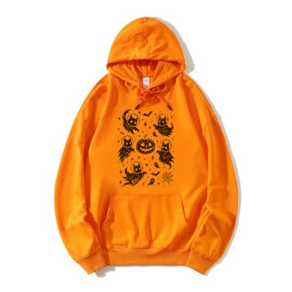 Geisterhafter Katzenkürbis Halloween Grafik Lose Hoodie - Orange - 5XL - image 1