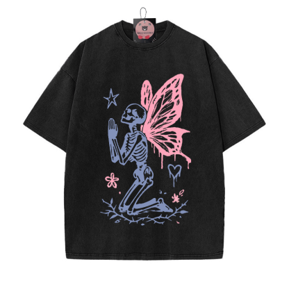 Betendes Skelett mit Schmetterlingsflügeln Grafik Unisex Vintage Washed T-Shirt - Schwarz - 5XL - image 3