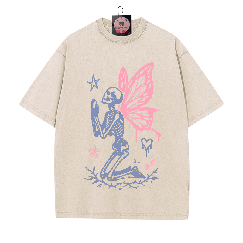 Betendes Skelett mit Schmetterlingsflügeln Grafik Unisex Vintage Washed T-Shirt - Aprikose - 5XL - image 2