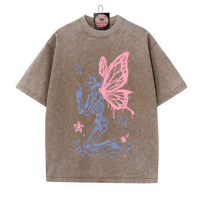 Betendes Skelett mit Schmetterlingsflügeln Grafik Unisex Vintage Washed T-Shirt - Braun - 5XL - image 1