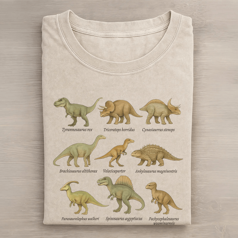Dino Squad Grafik Unisex Vintage Washed T-Shirt - Aprikose - 5XL - image 1