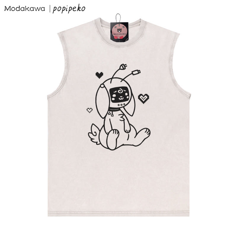 Unisex-T-Shirt mit Roboterhasen-Grafik im Vintage-Stil, gewaschen, ärmellos - Aprikose - 2XL - image 2