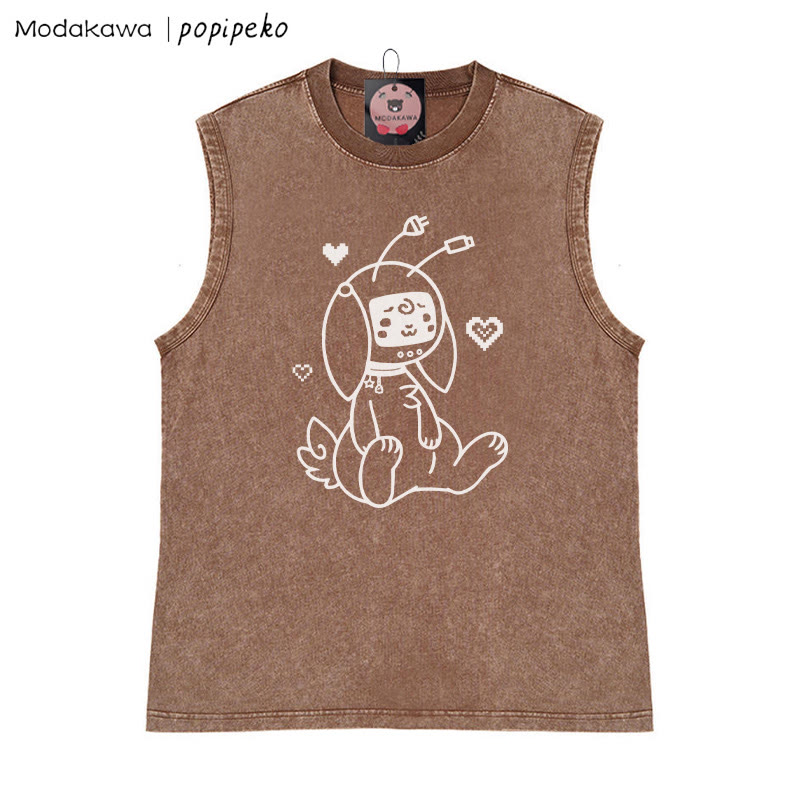 Unisex-T-Shirt mit Roboterhasen-Grafik im Vintage-Stil, gewaschen, ärmellos - Braun - 2XL - image 3