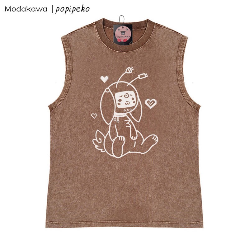 Unisex-T-Shirt mit Roboterhasen-Grafik im Vintage-Stil, gewaschen, ärmellos - Braun - 2XL - image 3