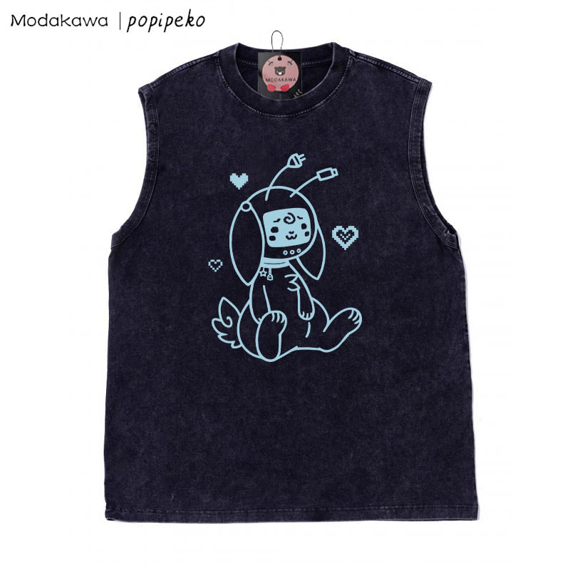 Unisex-T-Shirt mit Roboterhasen-Grafik im Vintage-Stil, gewaschen, ärmellos - Schwarz - 2XL - image 1