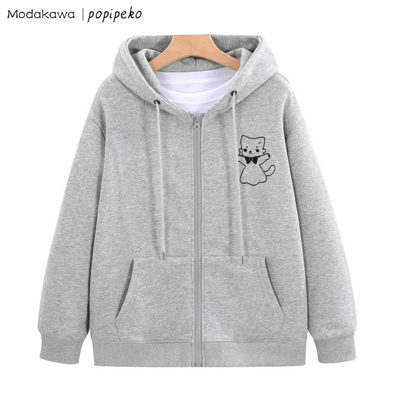 MODAKAWA X popipeko Open Arms Kitty Graphic Zip Up Hoodie Sweatshirt - Grey - 5XL - image 1