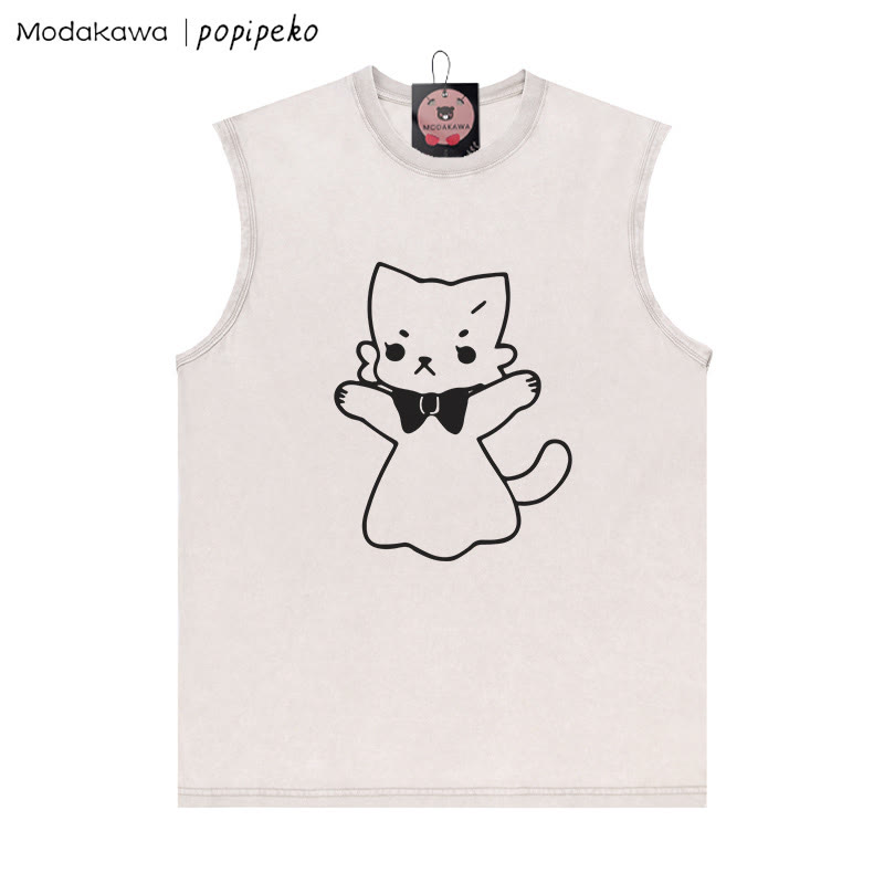 Open Arms Kitty Grafik Unisex Vintage gewaschenes ärmelloses T-Shirt - Aprikose - 2XL - image 1