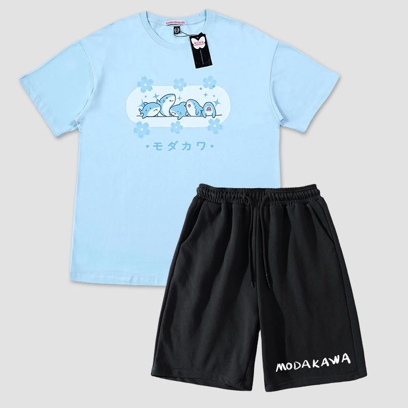 T-Shirt und Shorts mit Hai-Buchstaben-Print von Modakawa, zweiteiliges Set - Blue&Black - 5XL - image 1
