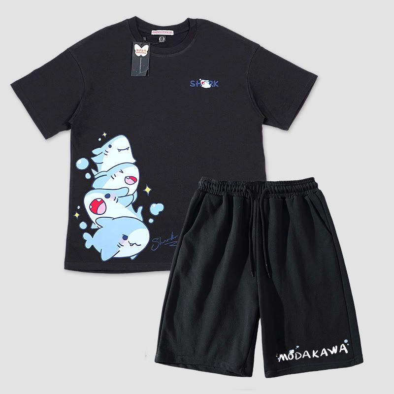 T-Shirt und Shorts mit Hai-Buchstaben-Print von Modakawa, zweiteiliges Set - Black - 5XL - image 1