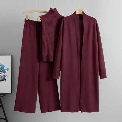 Dreiteiliges Set aus Strickweste, Strickjacke und Hose mit weitem Bein - Weinrot - One Size - image 4