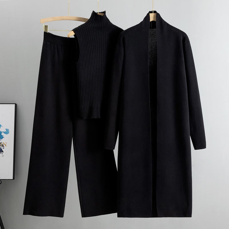 Dreiteiliges Set aus Strickweste, Strickjacke und Hose mit weitem Bein - Schwarz - One Size - image 3