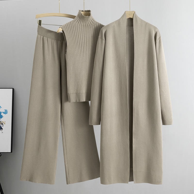 Dreiteiliges Set aus Strickweste, Strickjacke und Hose mit weitem Bein - Kamel - One Size - image 2