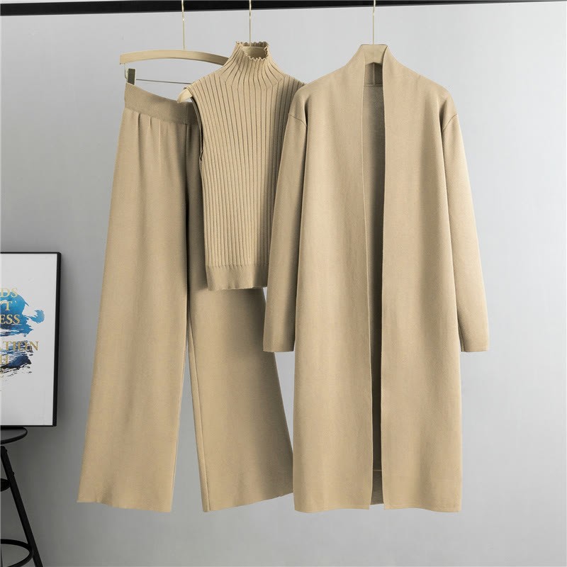 Dreiteiliges Set aus Strickweste, Strickjacke und Hose mit weitem Bein - Khaki - One Size - image 1