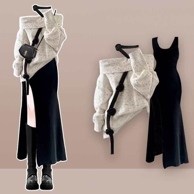 Schulterfreies Strickpullover-Kleid mit Schlitz, passendes Outfit - Set - XL - image 1
