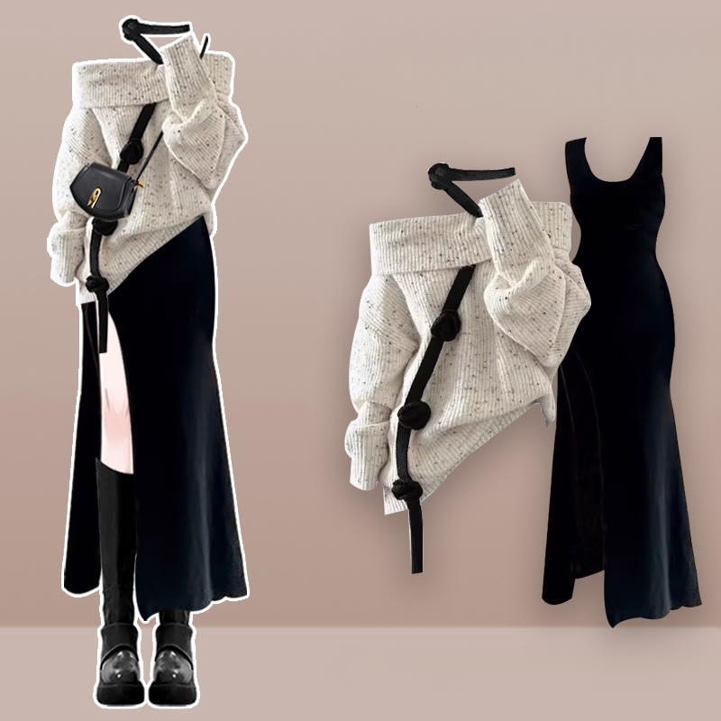 Schulterfreies Strickpullover-Kleid mit Schlitz, passendes Outfit - Set - XL - image 1