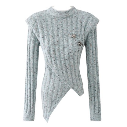 Strick-Oberteil mit unregelmäßiger Brosche, Schulterpolstern, passendem Rock und Outfit - Top - L - image 2