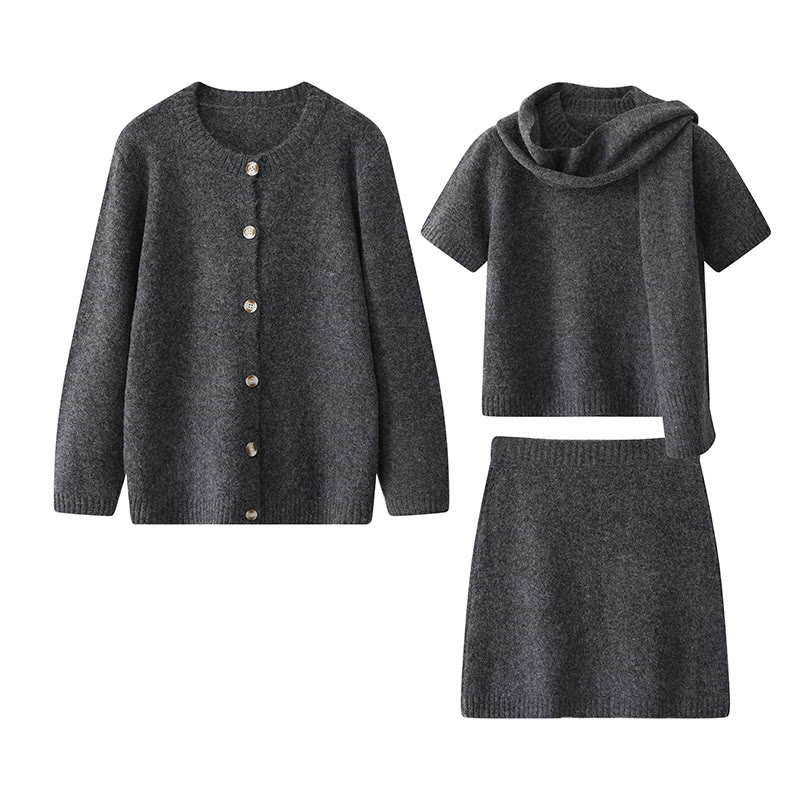 Strickoberteil, Schal, Rock, Strickjacke, vierteiliges Set - Grau - L - image 2