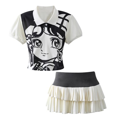 Anime-Mädchen-Polo-Top mit Gesicht und Rüschenrock, passendes Outfit - image 1