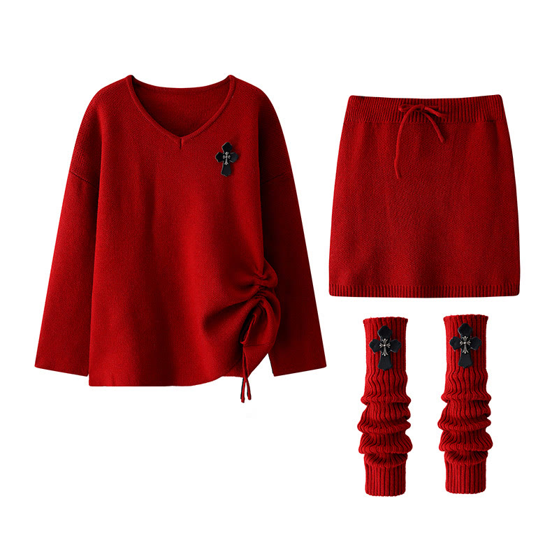 Dreiteiliges Set aus Strickoberteil, Rock und Beinwärmern mit Kordelzug - Rot - XL - image 2