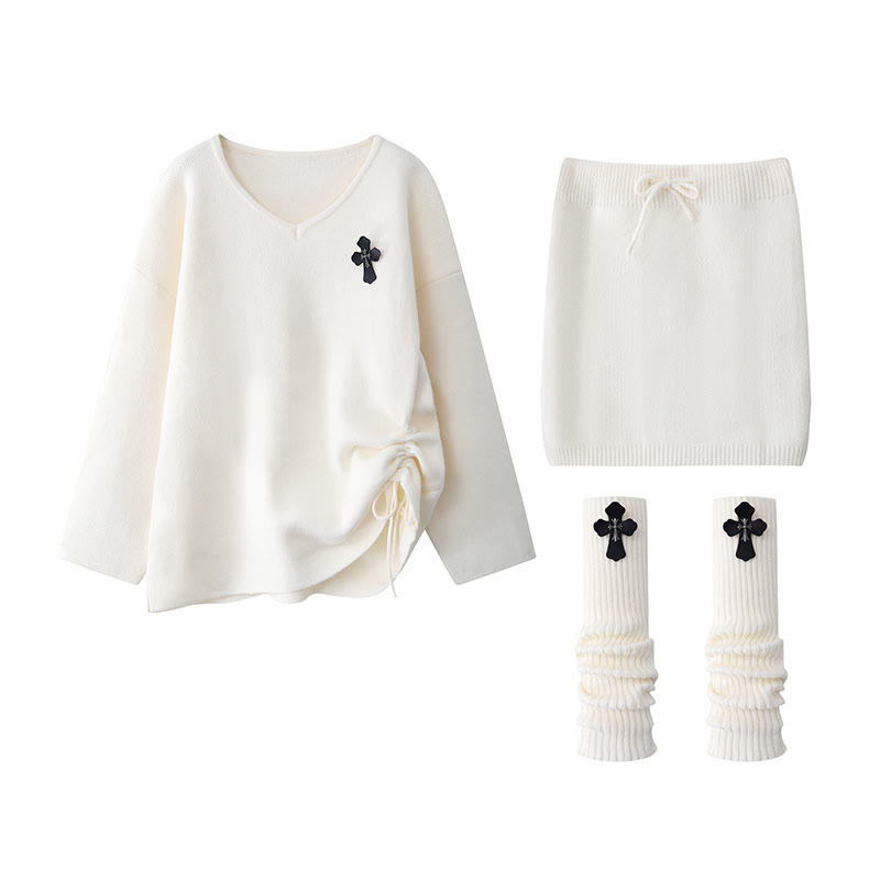 Dreiteiliges Set aus Strickoberteil, Rock und Beinwärmern mit Kordelzug - Beige - XL - image 1