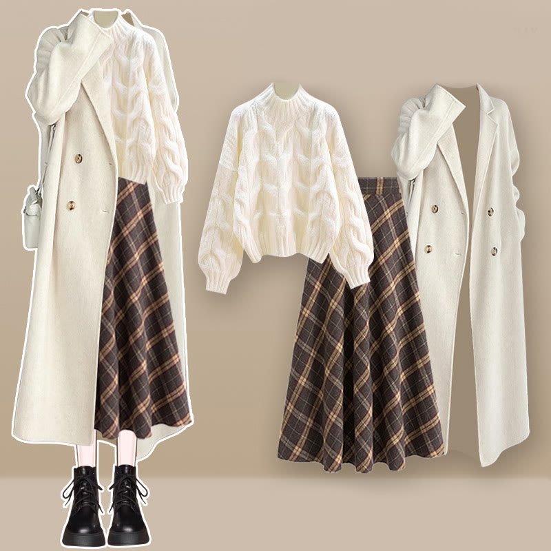 Strickpullover, karierter Rock, langer Mantel, passendes Outfit - Set A - XL - image 1