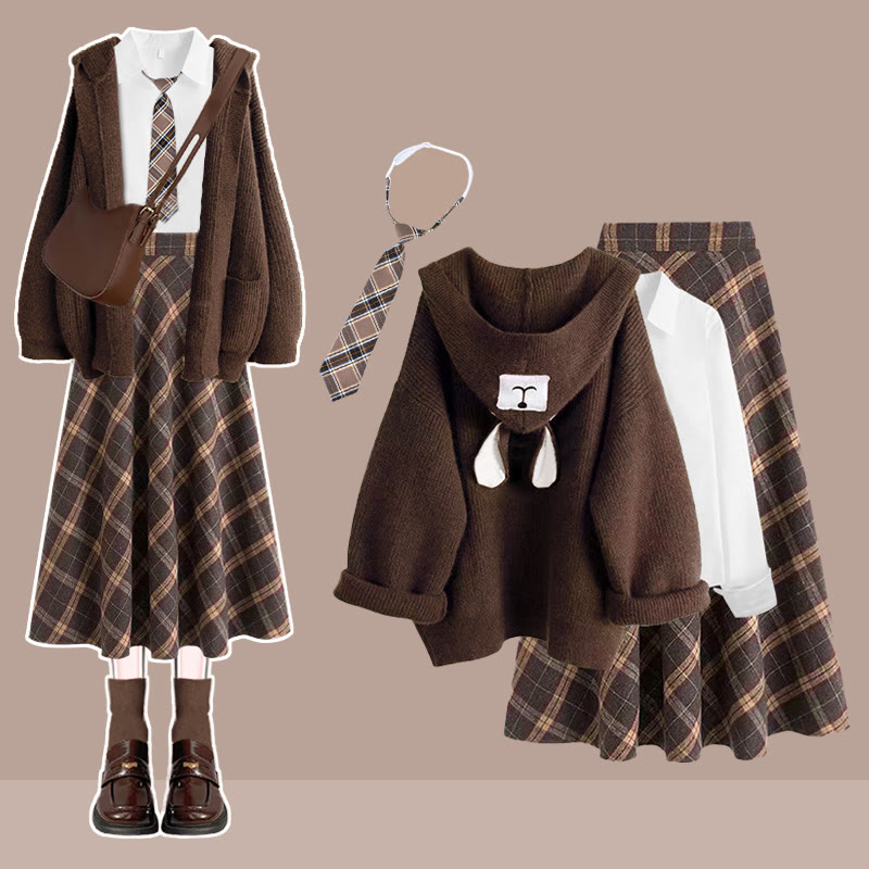 Hemd, Krawatte, Karorock, Bärenohren-Pullover, vierteiliges Set - Braun - XL - image 2