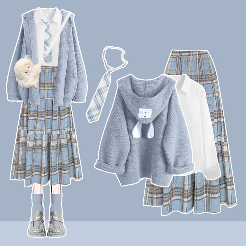 Hemd, Krawatte, Karorock, Bärenohren-Pullover, vierteiliges Set - Blau - XL - image 1