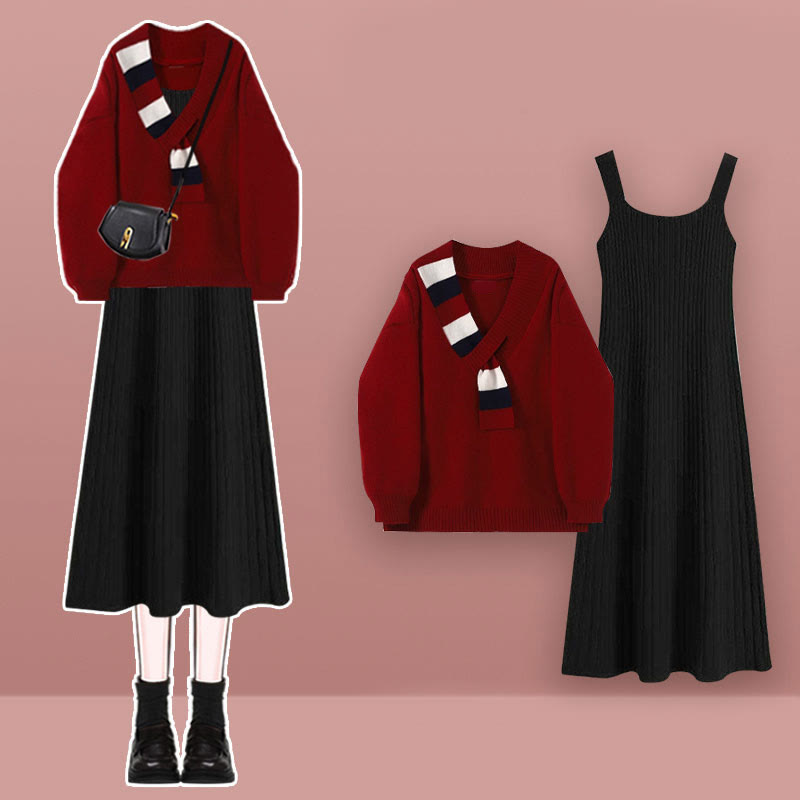 Zweiteiliges Set aus Strickpullover und Unterkleid in Farben - Rotes Set A - XL - image 2