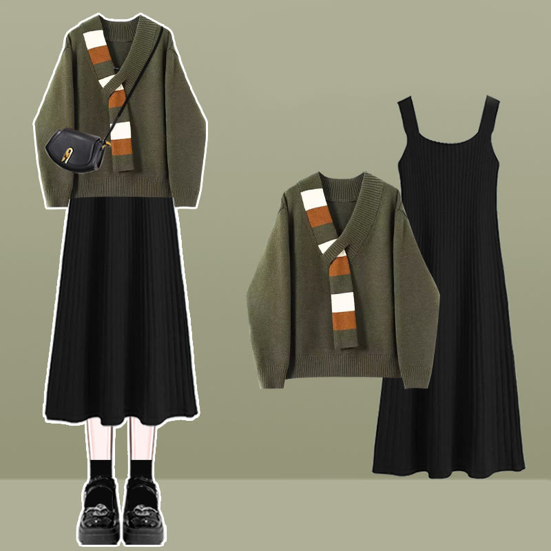 Zweiteiliges Set aus Strickpullover und Unterkleid in Farben - Grünes Set A - XL - image 1