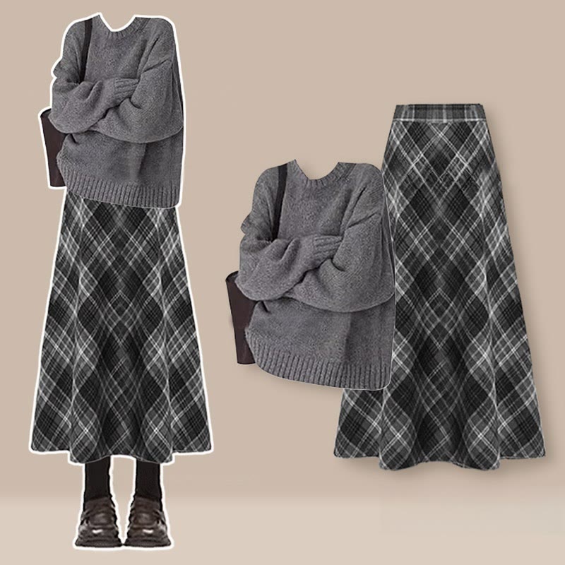 Strickpullover und karierter Rock – passendes Outfit - Set - 3XL - image 1