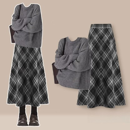 Strickpullover und karierter Rock – passendes Outfit - Set - 3XL - image 1