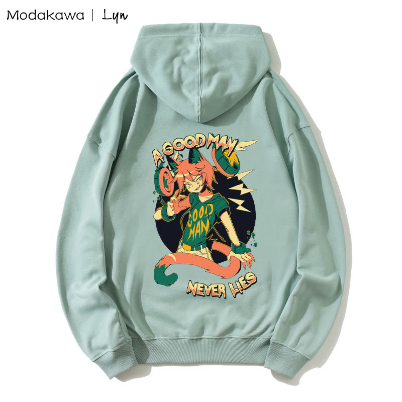 MODAKAWA X Lyn – Lockerer Hoodie mit Kitty-Man-Print „A GOOD MAN NEVER LIES“ - Green - 5XL - image 1