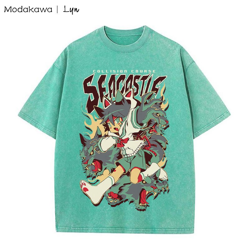 MODAKAWA X Lyn Mametchi COLLISION COURSE Unisex-T-Shirt mit Grafik und Kitty Girl-Print im Vintage-Look - Green - 5XL - image 1