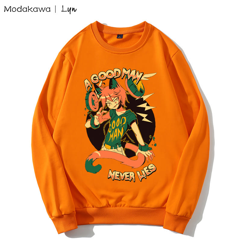 MODAKAWA X Lyn Sweatshirt mit rundem Kragen und Kitty-Man-Print „A GOOD MAN NEVER LIES“ - Orange - 5XL - image 1