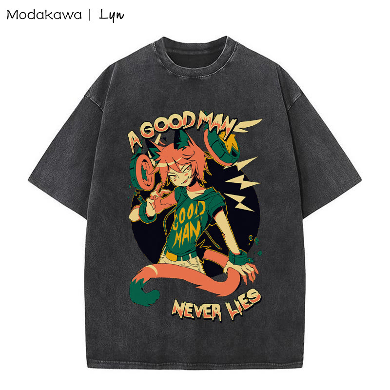 MODAKAWA X Lyn Unisex-T-Shirt mit Grafik „A GOOD MAN NEVER LIES“ im Vintage-Waschverfahren - Black - 5XL - image 1