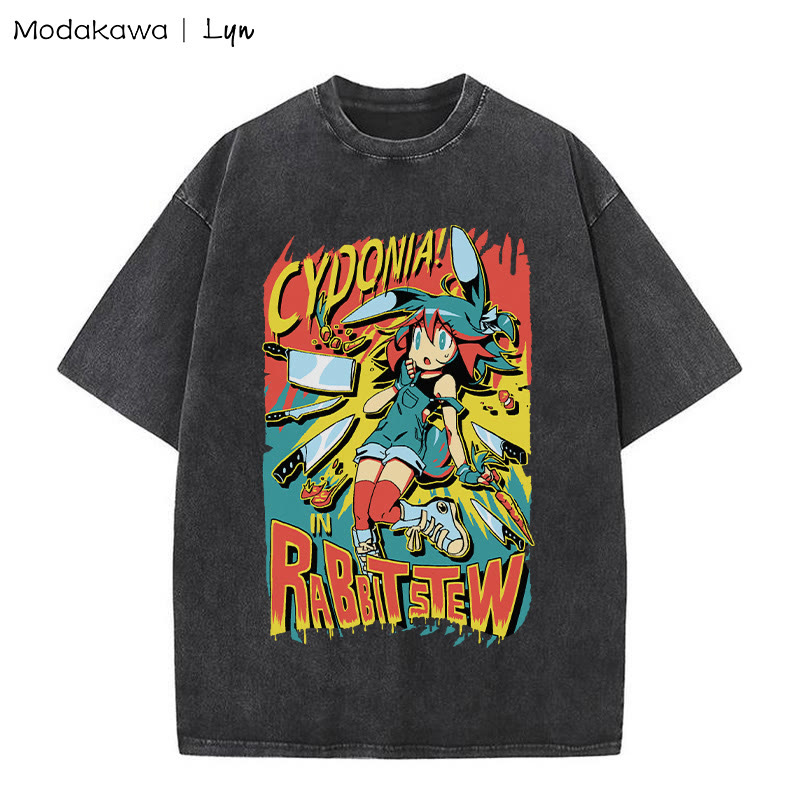 MODAKAWA X Lyn CYDONIA RABBIT STEW Bunny Girl Grafik Unisex Vintage Washed T-Shirt - Black - 5XL - image 1