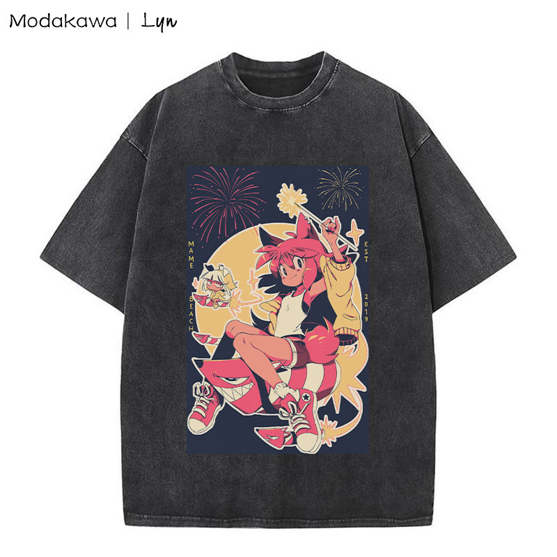 MODAKAWA X Lyn – T-Shirt mit Vintage-Waschung und Kitty-Girl-Print - Black - 5XL - image 2