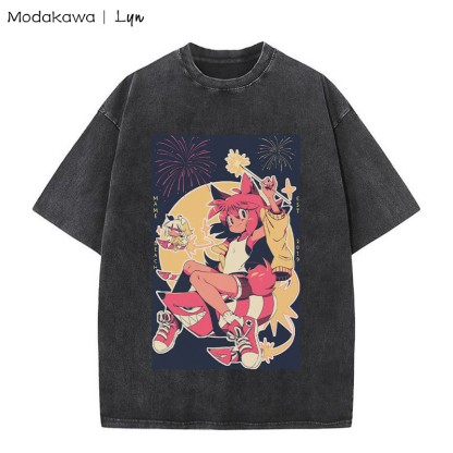 MODAKAWA X Lyn – T-Shirt mit Vintage-Waschung und Kitty-Girl-Print - Black - 5XL - image 2