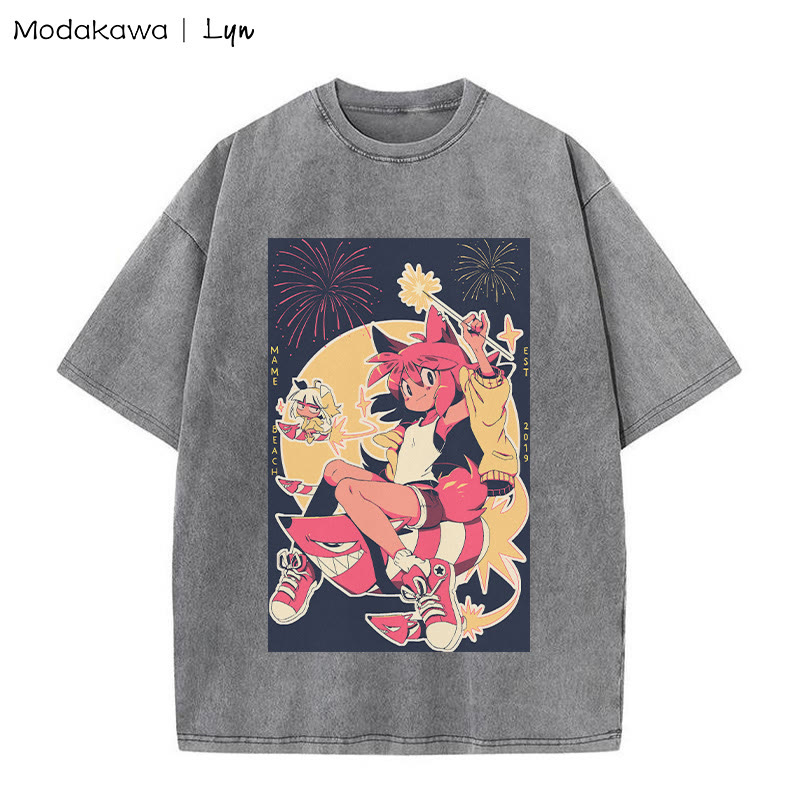 MODAKAWA X Lyn – T-Shirt mit Vintage-Waschung und Kitty-Girl-Print - Grey - 5XL - image 1